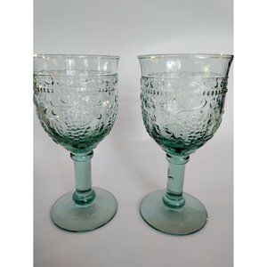 Set of 2 Glass Stemmed Goblets, Wine or Water Glasses Etched Glass in Sea Green
